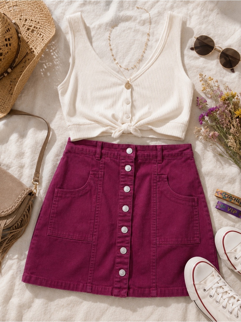 Altar’d State Berry Button Front Mini Skirt Size Large